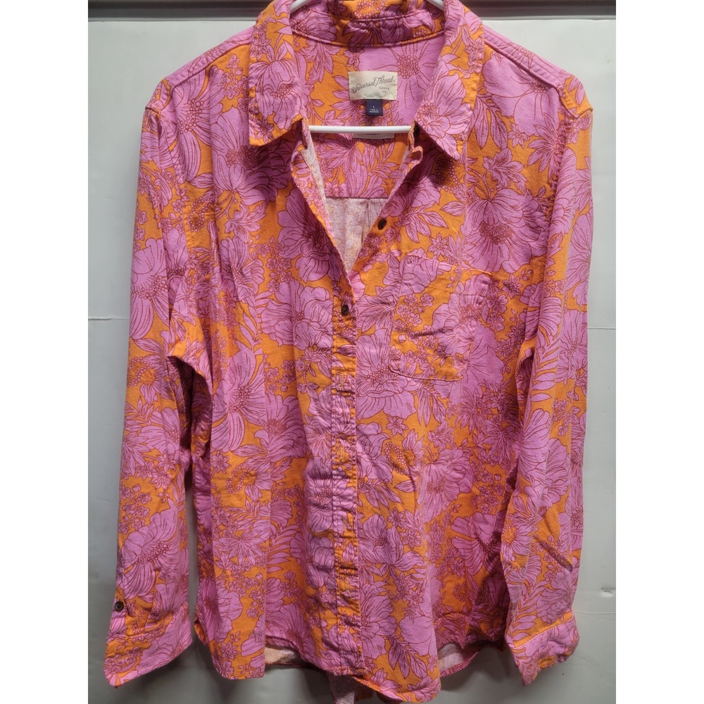 Universal Thread Pink Orange‎ Floral Linen Blend Button Down Shirt Womens Large